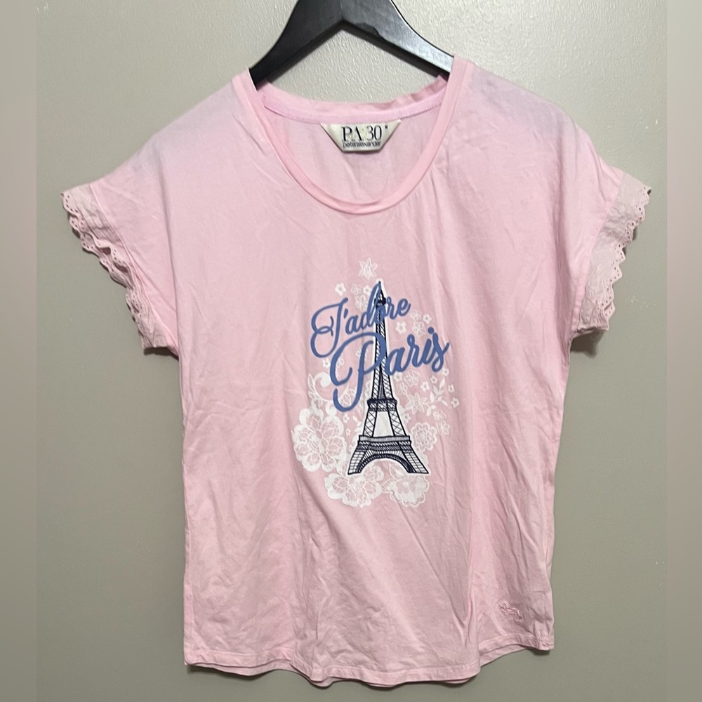 Peter Alexander “J’adore Paris” Eiffel Tower short sleeve eyelet ruffle sleeve M